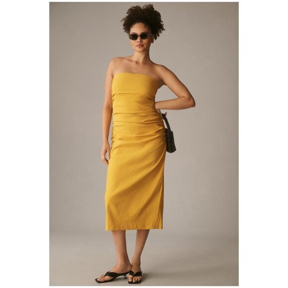 Anthropologie The Soleil Slim Strapless Ruched Dress in Mango NWT - Picture 1 of 7
